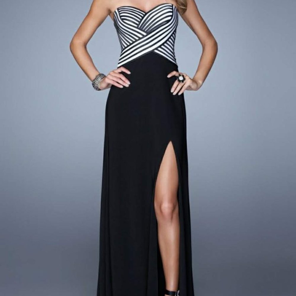 La Femme Black and White Strapless Evening Gown